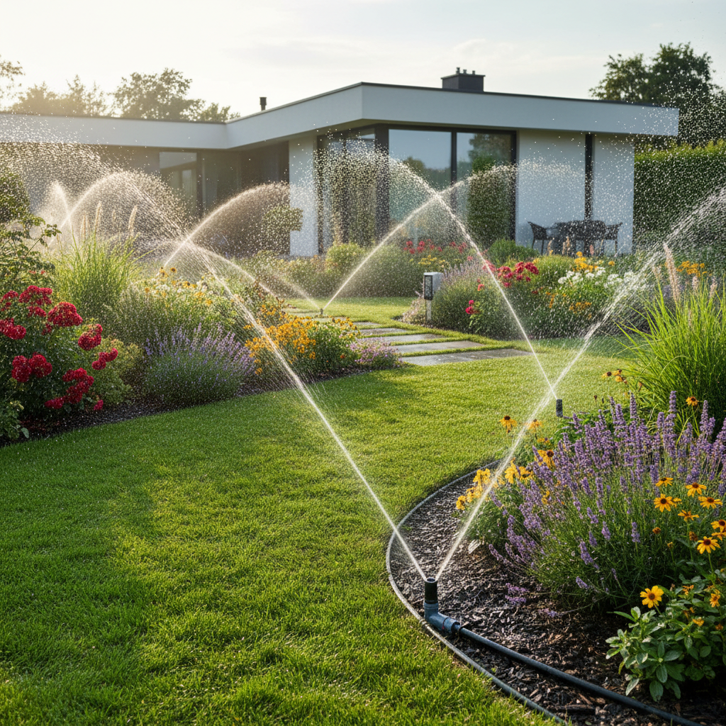 Irrigation system watering lawn